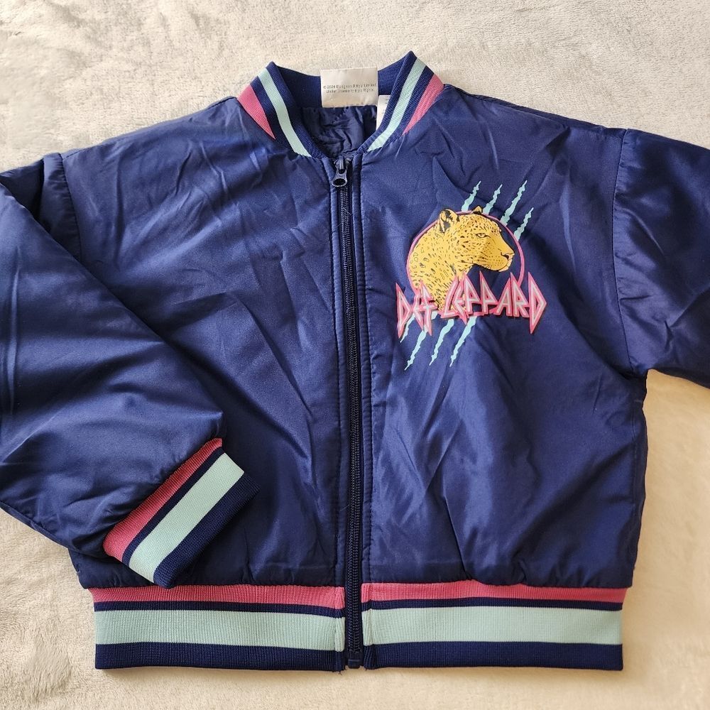 Def Leppard Graphic Bomber Jacket In Navy Blue With Pink And Light Blue
